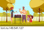 Bbq barbecue family composition with doodle characters of mom dad and their children in a backyard vector illustration. Стоковая иллюстрация, агентство Ingram Publishing / Фотобанк Лори