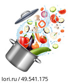 Realistic water splash pot composition with blank background and image of cooker with vegetables and drops vector illustration. Стоковая иллюстрация, агентство Ingram Publishing / Фотобанк Лори