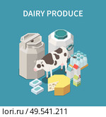 Dairy produce concept with cheese and milk symbols isometric vector illustration. Стоковая иллюстрация, агентство Ingram Publishing / Фотобанк Лори