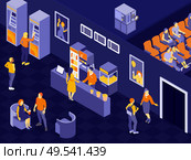 People in cinema hall and near concession stand waiting for movie time 3d horizontal isometric vector illustration. Стоковая иллюстрация, агентство Ingram Publishing / Фотобанк Лори