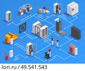 Datacenter equipment personnel isometric flowchart with generator server hardware maintenance administration airflow system blue background vector illustration. Стоковая иллюстрация, агентство Ingram Publishing / Фотобанк Лори