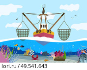 Flat background with fishing boat and sea bottom with different creatures vector illustration. Стоковая иллюстрация, агентство Ingram Publishing / Фотобанк Лори