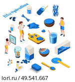 Spirulina isometric recolor set with isolated images of various products made with blue cyanobacteria with text vector illustration. Стоковая иллюстрация, агентство Ingram Publishing / Фотобанк Лори