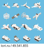 Isometric icons set with various space ships and stations isolated on blue background 3d vector illustration. Стоковая иллюстрация, агентство Ingram Publishing / Фотобанк Лори