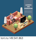 Gluttony concept with plump woman eating pizza at home 3d isometric vector illustration. Стоковая иллюстрация, агентство Ingram Publishing / Фотобанк Лори