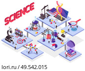 Science isometric flowchart with text and set of connected platforms with test tubes microscopes and molecules vector illustration. Стоковая иллюстрация, агентство Ingram Publishing / Фотобанк Лори