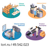 Dairy production concept 4 round isometric compositions with cheese making coagulation fermentation ripening packaging isolated vector illustration. Стоковая иллюстрация, агентство Ingram Publishing / Фотобанк Лори