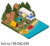 Camping hiking touristic isometric composition with outdoor view of camper van tents and people making campfire vector illustration. Стоковая иллюстрация, агентство Ingram Publishing / Фотобанк Лори