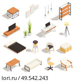 Modern loft interior isometric elements with mirror bed computer desk tv sofa couch lamp isolated vector illustration. Стоковая иллюстрация, агентство Ingram Publishing / Фотобанк Лори