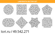 Labyrinth game black set with eight isolated maze schemes of various shape on blank background vector illustration. Стоковая иллюстрация, агентство Ingram Publishing / Фотобанк Лори