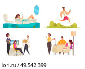 Gadget addiction 2x2 design concept with men and women addicted to gadgets with social media at home in office and outdoor vector illustration. Стоковая иллюстрация, агентство Ingram Publishing / Фотобанк Лори
