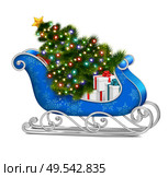 Santa sleigh with christmas tree realistic composition with isolated image of blue sleigh with gift boxes vector illustration. Стоковая иллюстрация, агентство Ingram Publishing / Фотобанк Лори