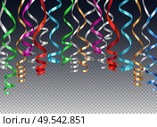 Hanging curled ribbons serpentine background realistic composition on transparent background with colourful images of festive ribbons vector illustration. Стоковая иллюстрация, агентство Ingram Publishing / Фотобанк Лори