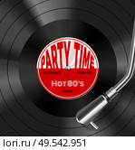 Vinyl record disc with stylus in groove realistic closeup top view image hot 1980s retro vector illustration. Стоковая иллюстрация, агентство Ingram Publishing / Фотобанк Лори