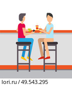 Fast food restaurant vector, people drinking soda and tea from mug and plastic cup. Friends spending time in cafe relaxing from work, male on chairs. Friends on Weekends Eating Drinking at Restaurant. Стоковая иллюстрация, агентство Ingram Publishing / Фотобанк Лори