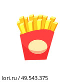 French Fries in package vector, isolated icon of fried potatoes in sticks. Cut product fattening prepared in oil, nutrition fast food served in bistro cafe. French Fries Package Fried Potatoes Isolated Icon. Стоковая иллюстрация, агентство Ingram Publishing / Фотобанк Лори