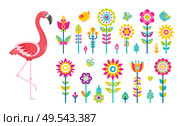 Flamingo and flowers, summer objects or elements vector. Birds and butterflies above wild abstracts plants, tropical animal and greenery, insects. Summer Objects or Elements, Flamingo and Flowers. Стоковая иллюстрация, агентство Ingram Publishing / Фотобанк Лори