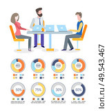 Businessman and workers talking about percentage vector. Pie diagrams with colored segments and percents information, business career numeric data. People in Conference Discussing Data from Research. Стоковая иллюстрация, агентство Ingram Publishing / Фотобанк Лори