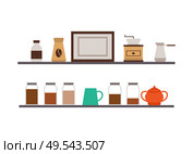 Cafe shelves, coffee and tea, grinder and turk, sugar vector. Bottles and jars or packs, empty frame, bar or cafeteria interior design element, drinks. Coffee and Grinder, Turk and Sugar, Cafe Shelves. Стоковая иллюстрация, агентство Ingram Publishing / Фотобанк Лори