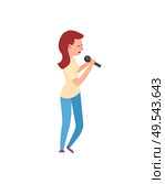 Woman singing song with microphone, side view of artist. Girl wearing t-shirt and jeans, performance or karaoke, standing solo singer flat vector. Woman Singing, Karaoke Character Singer Vector. Стоковая иллюстрация, агентство Ingram Publishing / Фотобанк Лори