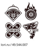 Skateboarding engraving black emblem set on white background isolated monochrome vector illustration. Skateboarding Monochrome Emblem Set. Стоковая иллюстрация, агентство Ingram Publishing / Фотобанк Лори