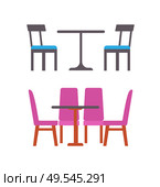 Table and chairs with pink and blue cloth vector. Isolated icons of wooden and plastic furniture for place to eat, bistro or cafe design interior. Blue and Pink Furniture of Eatery or Restaurant. Стоковая иллюстрация, агентство Ingram Publishing / Фотобанк Лори