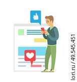 Blogger using phone vector, social media communication. Person with smartphone checking likes, thumbs up and hearts. Posting and reading news feed. Blogger Using Phone, Social Media Communication. Стоковая иллюстрация, агентство Ingram Publishing / Фотобанк Лори