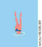 Woman diving legs up, diver in bikini suit isolated in blue sea waters. Vector girl snorkeling, beautiful feets above head, person relaxing at resort. Woman Diving Legs Up Diver in Bikini Suit Isolated. Стоковая иллюстрация, агентство Ingram Publishing / Фотобанк Лори