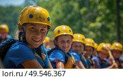 A group of young individuals wearing helmets and holding paddles, gearing up for water sports or a team activity. Стоковое AI-изображение, AI-художник Данила Большаков / Фотобанк Лори