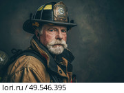 A man wearing a firemans hat and uniform, standing confidently and ready to respond to emergencies. Стоковое AI-изображение, AI-художник Данила Большаков / Фотобанк Лори