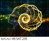 Out of Your Mind Science series. Design made of spiral of human silhouette face line and abstract elements on the subject of consciousness, the mind, artificial intelligence and technology. Стоковое фото, агентство Ingram Publishing / Фотобанк Лори