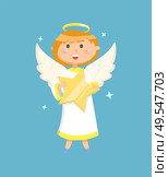 Little person with wings and nimbus holding big glossy star, portrait view of flying angelic character in white clothes, blue background with kid vector. Angel Holding Star, Flying Little Person Vector. Стоковая иллюстрация, агентство Ingram Publishing / Фотобанк Лори