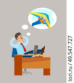 Man sitting at table and dreaming about extreme flying sport, hang gliding activity. Work place table and laptop, worker in suit and tourism mind vector. Worker Dreaming about Hang Gliding, Think Vector. Стоковая иллюстрация, агентство Ingram Publishing / Фотобанк Лори