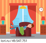 Sleeping boy on soft armchair, relaxing time. Interior of room, bedside table and lamps, panoramic windows with curtains, wallpaper in stripes vector. Sleeping Boy on Armchair, Interior of Room Vector. Стоковая иллюстрация, агентство Ingram Publishing / Фотобанк Лори