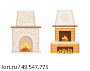 Fireplace with flames and burning logs icons set vector. Stone and brick pavement of furnace, prolonged chimney type, storage for wooden branches. Fireplace with Flames and Burning Logs Icons Set. Стоковая иллюстрация, агентство Ingram Publishing / Фотобанк Лори