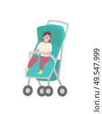 Child sitting in stroller isolated cartoon baby. Toddler in walking carriage, vector young kid in strap. Perambulator transportation item for infants. Child Sitting in stroller Isolated Cartoon Baby. Стоковая иллюстрация, агентство Ingram Publishing / Фотобанк Лори