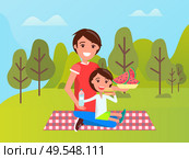 Smiling father and son sitting on mat, boy eating burger, dad holding bowl with watermelon. People relaxing in green park or forest, sportwear vector. Family near Green Trees, Dad and Son on Mat Vector. Стоковая иллюстрация, агентство Ingram Publishing / Фотобанк Лори
