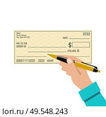 Signing a bank check. Pen in the hand. Vector illustration. Стоковая иллюстрация, агентство Ingram Publishing / Фотобанк Лори