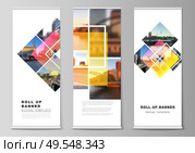 The vector illustration of the editable layout of roll up banner stands, vertical flyers, flags design business templates. Creative trendy style mockups, blue color trendy design backgrounds. The vector illustration of the editable layout of roll up banner stands, vertical flyers, flags design business templates. Creative trendy style mockups, blue color trendy design backgrounds. Стоковая иллюстрация, агентство Ingram Publishing / Фотобанк Лори