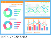 Pie diagram with segments vector, data in visual representation flat style. Information gathered in charts and schemes, flowchart with timeline set. Infographics and Statistics  Charts and Diagrams. Стоковая иллюстрация, агентство Ingram Publishing / Фотобанк Лори
