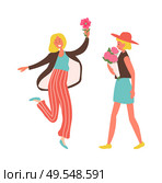 Holiday celebration vector, woman wearing stylish hat walking with roses bouquet gathered in wrapping. Female jumping of happiness isolated people. Happy Woman with Flowers, Jumping Lady on Holiday. Стоковая иллюстрация, агентство Ingram Publishing / Фотобанк Лори