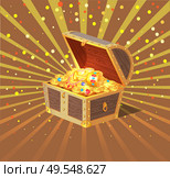 Gold treasure vector, wooden container with cup, pearl necklace and coins. Treasury realistic jewelry and royal possessions, ancient gemstones and wealth. Treasure Chest, Wooden Casket Filled with Gold. Стоковая иллюстрация, агентство Ingram Publishing / Фотобанк Лори