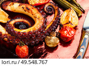 Roasted octopus with bbq vegetables.Octopus tentacles on grill. Roasted octopus tentacles. Стоковое фото, агентство Ingram Publishing / Фотобанк Лори