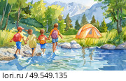 Artwork depicting a diverse group of individuals traveling together on foot through a shallow river. Стоковое AI-изображение, AI-художник Данила Большаков / Фотобанк Лори