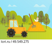 Agricultural area vector, tractor machinery for tending crops and grounds. Hay with dry glass and hayfork, hay nature trees and meadows harvesting season. Farm Machinery, Tractor and Hay with Hen Nature. Стоковая иллюстрация, агентство Ingram Publishing / Фотобанк Лори
