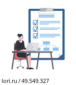 Woman sitting at table working with laptop, business goals list with check marks vector, employee using computer, notepad and ticks, workplace vector. Worker Using Laptop, Goals List with Ticks Vector. Стоковая иллюстрация, агентство Ingram Publishing / Фотобанк Лори