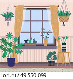 Greenhouse with plants on shelves vector, room interior filled with flora in pots. Window with curtains, bright space for flowers, orangery conservatory. Room Interior, Home Chamber with Plants Greenhouse. Стоковая иллюстрация, агентство Ingram Publishing / Фотобанк Лори