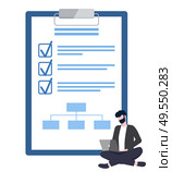Man sitting with laptop near big paper with check marks near completed items. Person and gadget, blue board with goals of targets and progress vector. Man Sitting with Laptop, Board with Goals Vector. Стоковая иллюстрация, агентство Ingram Publishing / Фотобанк Лори
