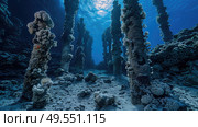 A cluster of trees submerged underwater due to flooding. The branches are visible above the water surface, showing signs of the water level rising. Стоковое AI-изображение, AI-художник Данила Большаков / Фотобанк Лори