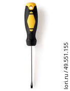 Overhead view of a flat headed screwdriver isolated on white background. Стоковое фото, агентство Ingram Publishing / Фотобанк Лори
